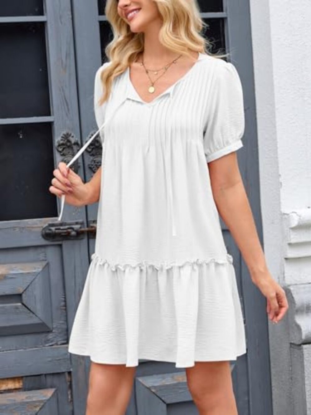 🆕 Women Summer Dress Casual V Neck Puff Sleeve Mini Dresses Ruffle Tiered